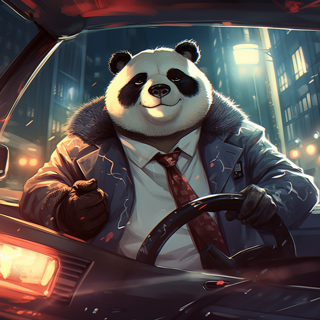 Panda mafia boss driving at night