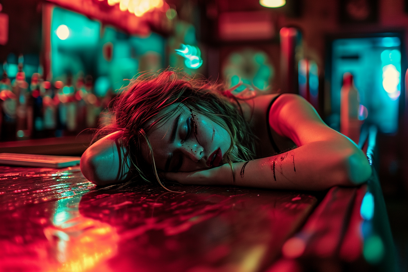 Exhausted woman in bar