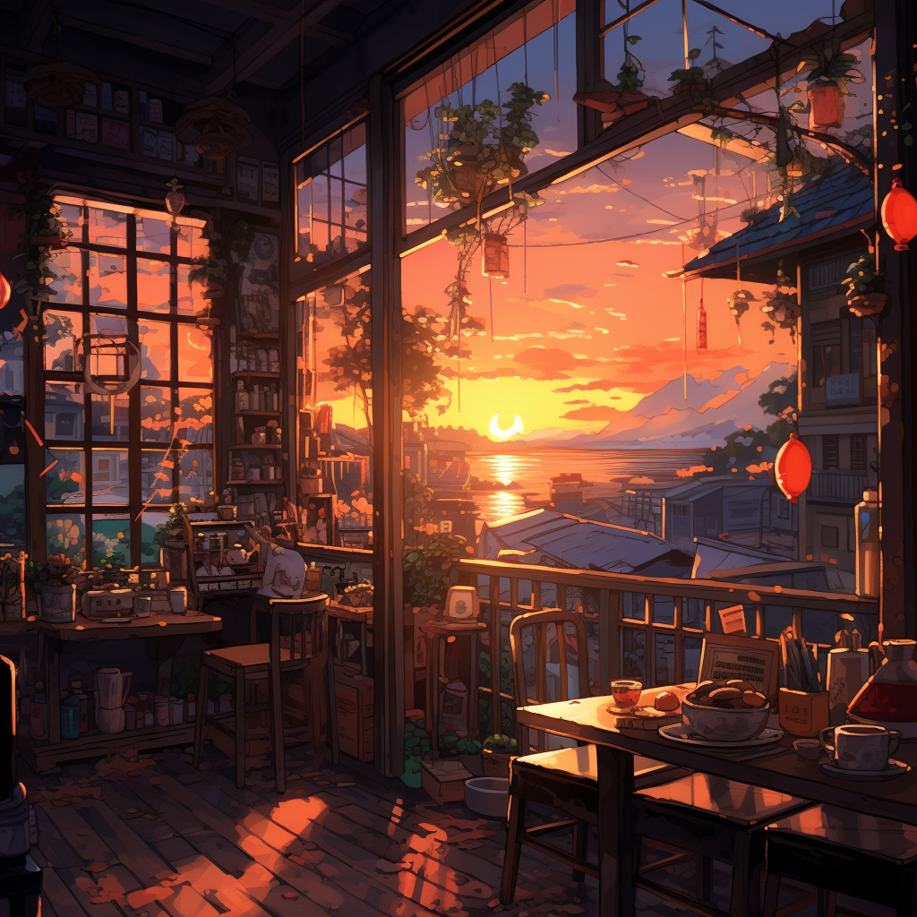 Cozy tea shop with sunrise colors and anime-inspired decor