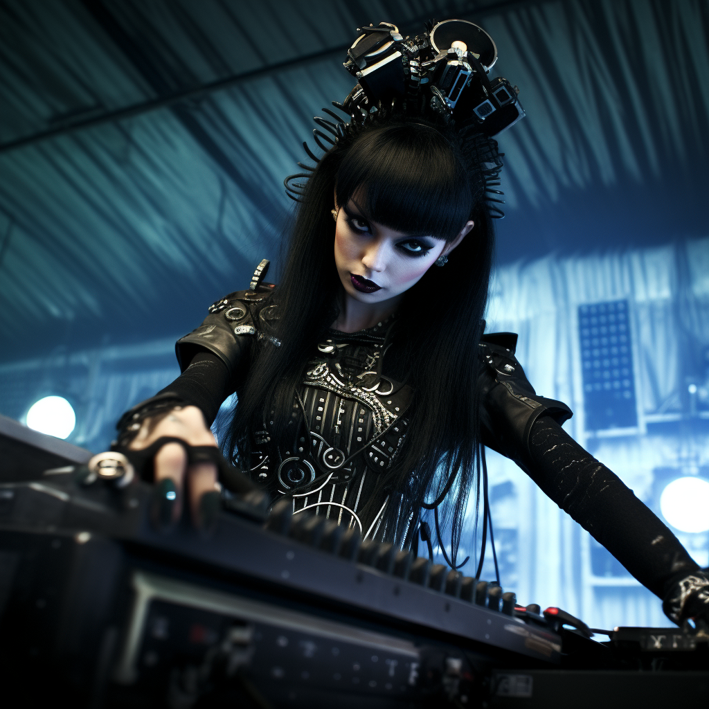 Cybergoth woman DJ wearing a latex skirt