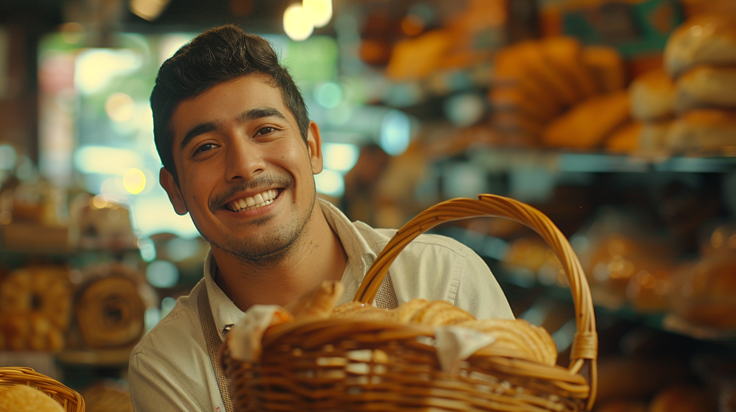 Latin Baker with Bread Basket Smile