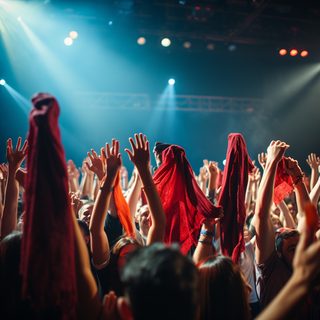 Group of Latin entrepreneurs waving towels at concert