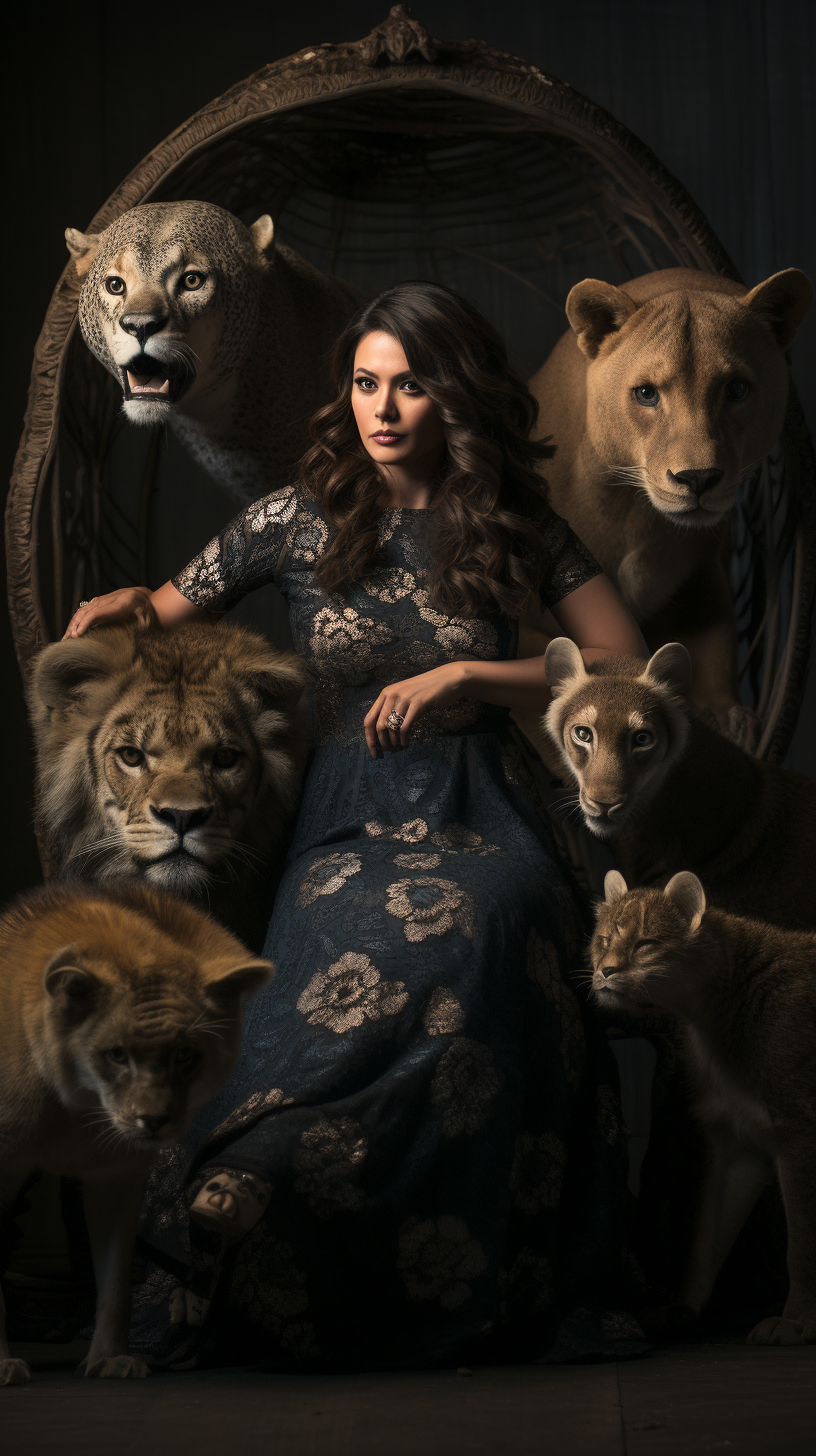 Pregnant woman with diverse mammals in fine art editorial photography