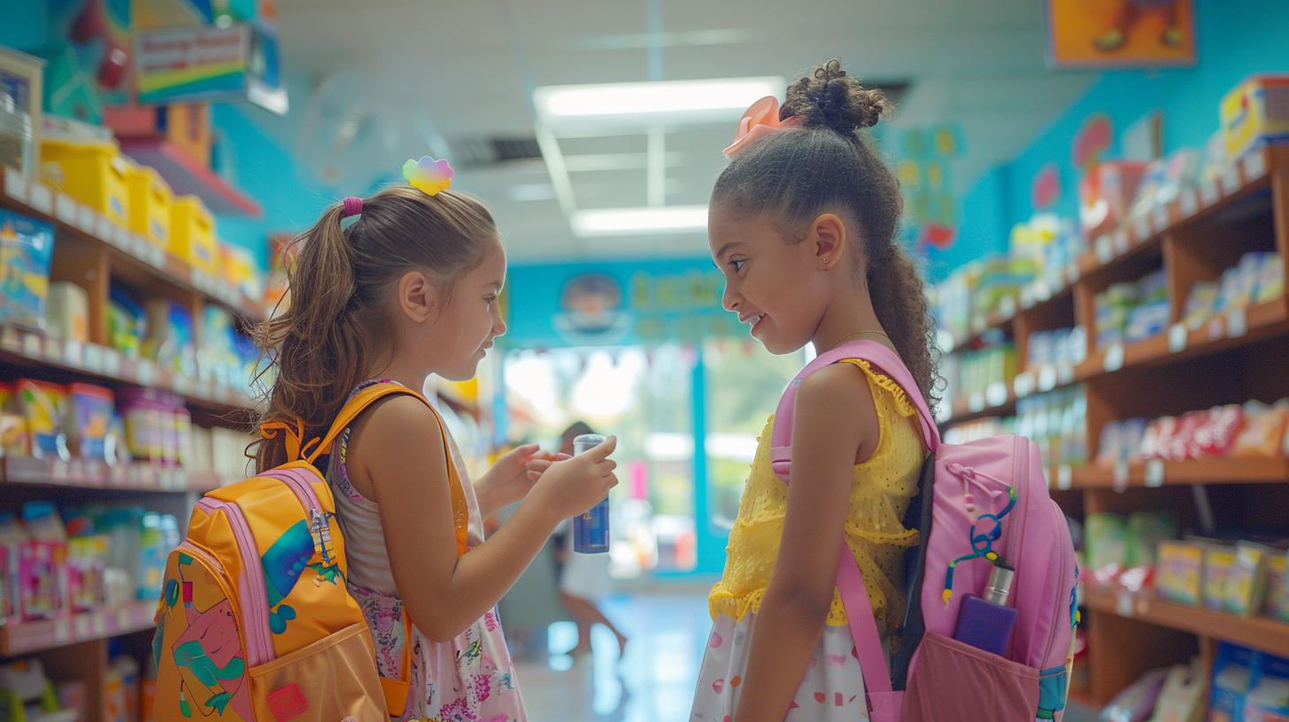 Two Latin girls with earth mermaid backpack