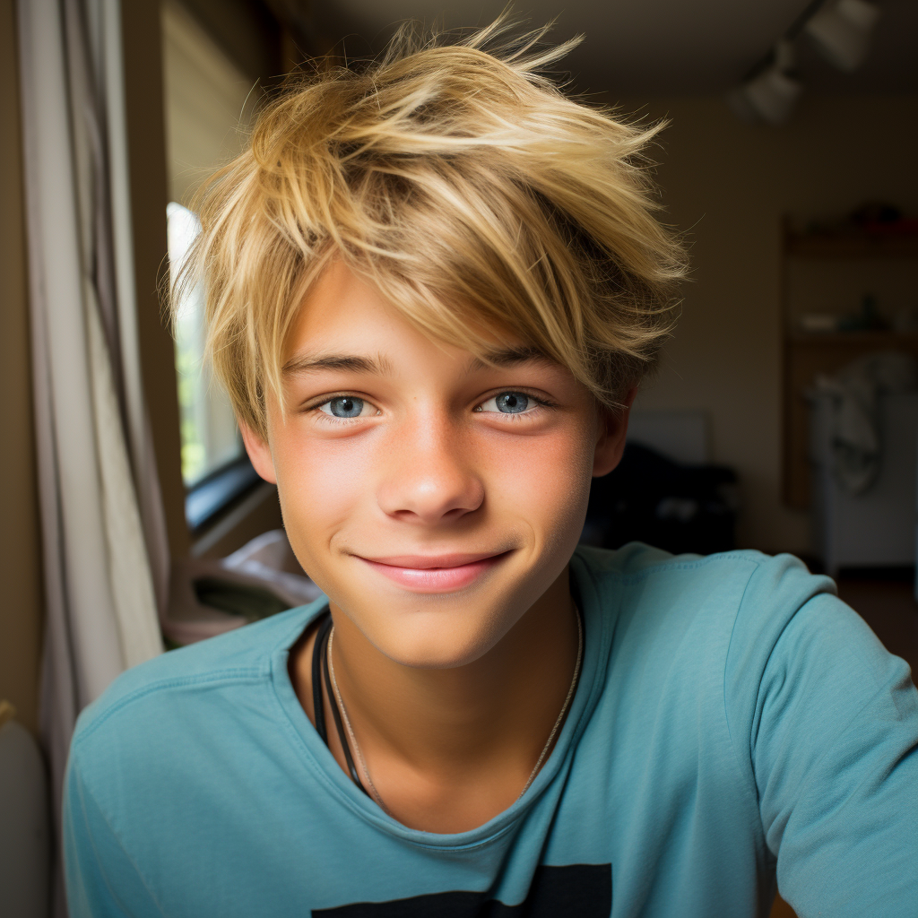 Latin teen boy with blond hair, blue eyes, and a smile