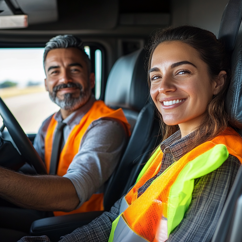 Latin truck drivers smiling highway