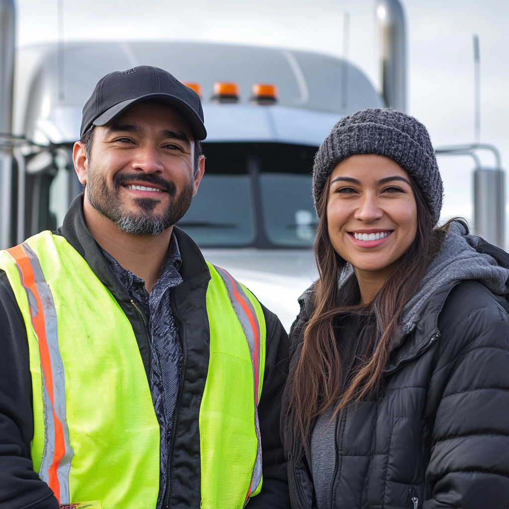 Latin team truck drivers smiling