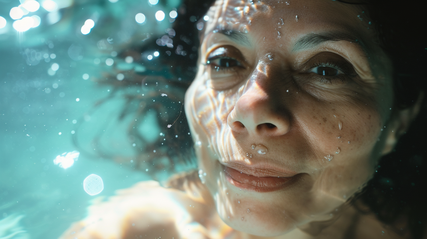 Latin woman with water tank light projection