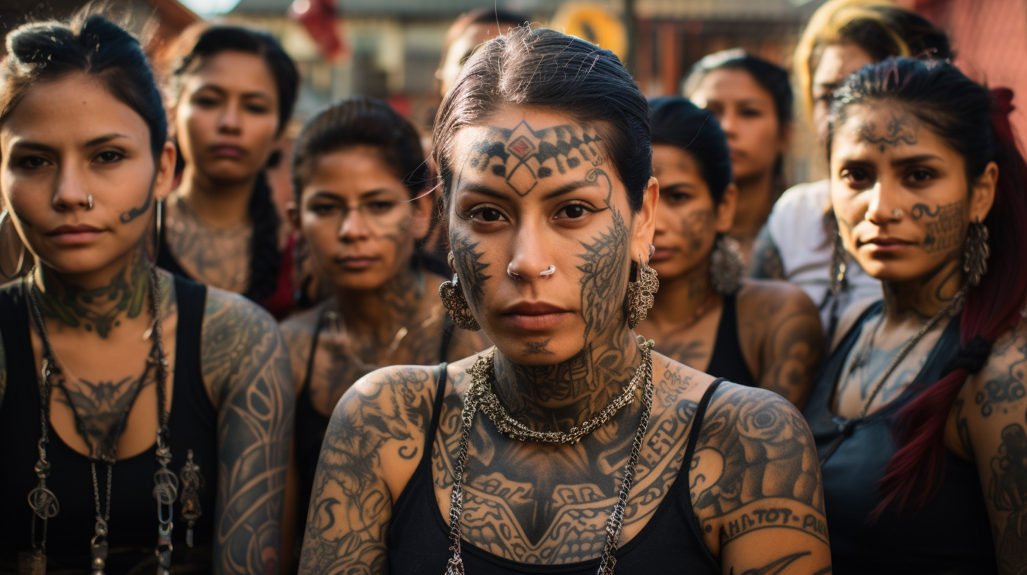 Latin American Women with tattoos in a sunlit prison yard