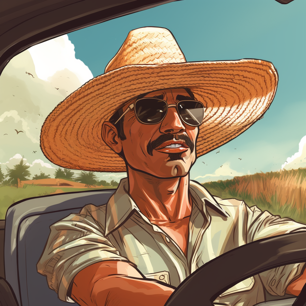 Latino farmer driving car on sunny day