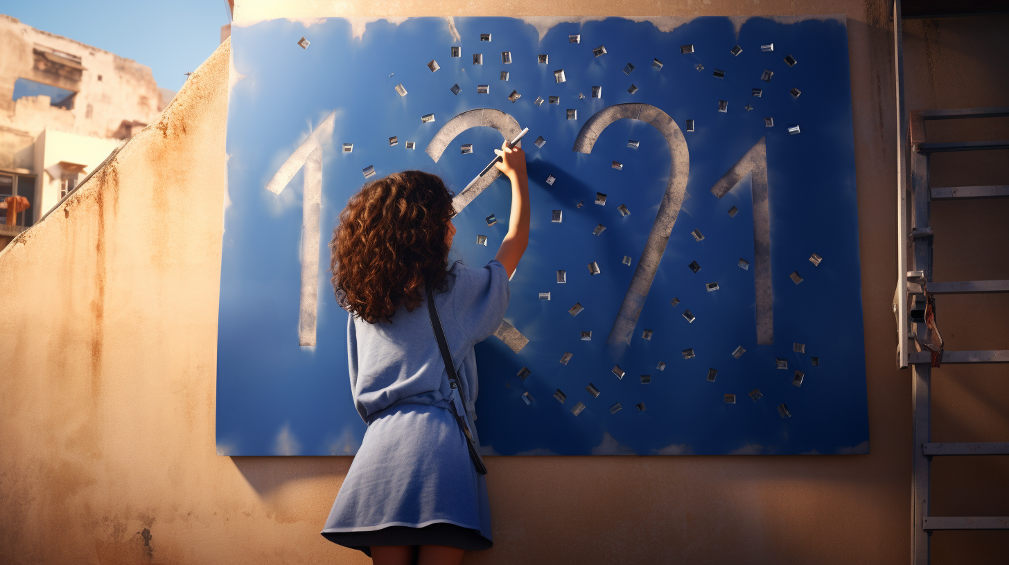 Latin girl with blue cape fixing gold number on wall