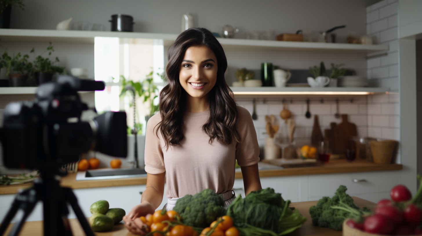 Beautiful Latin girl filming grocery unboxing