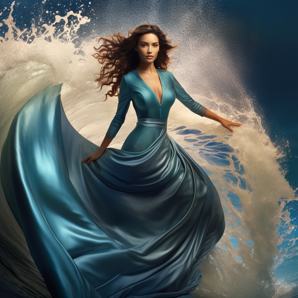 Latin model gracefully surfing in blue dress