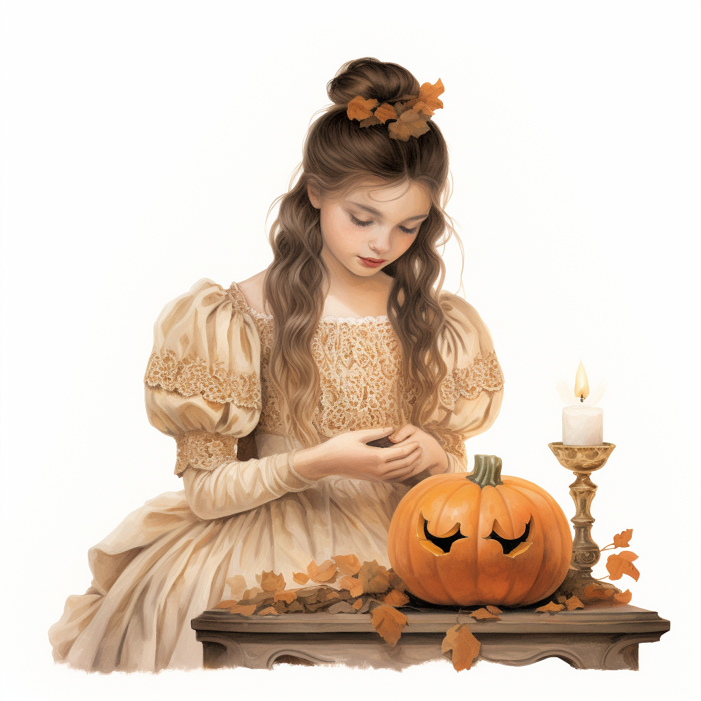 Whimsical Latina Girl Carving Pumpkin