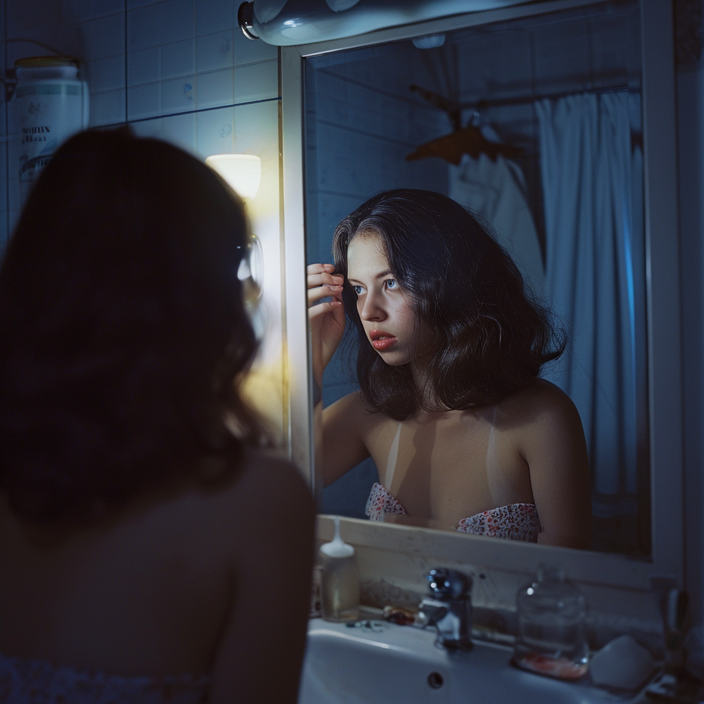 Latina girl in hotel bathroom mirror