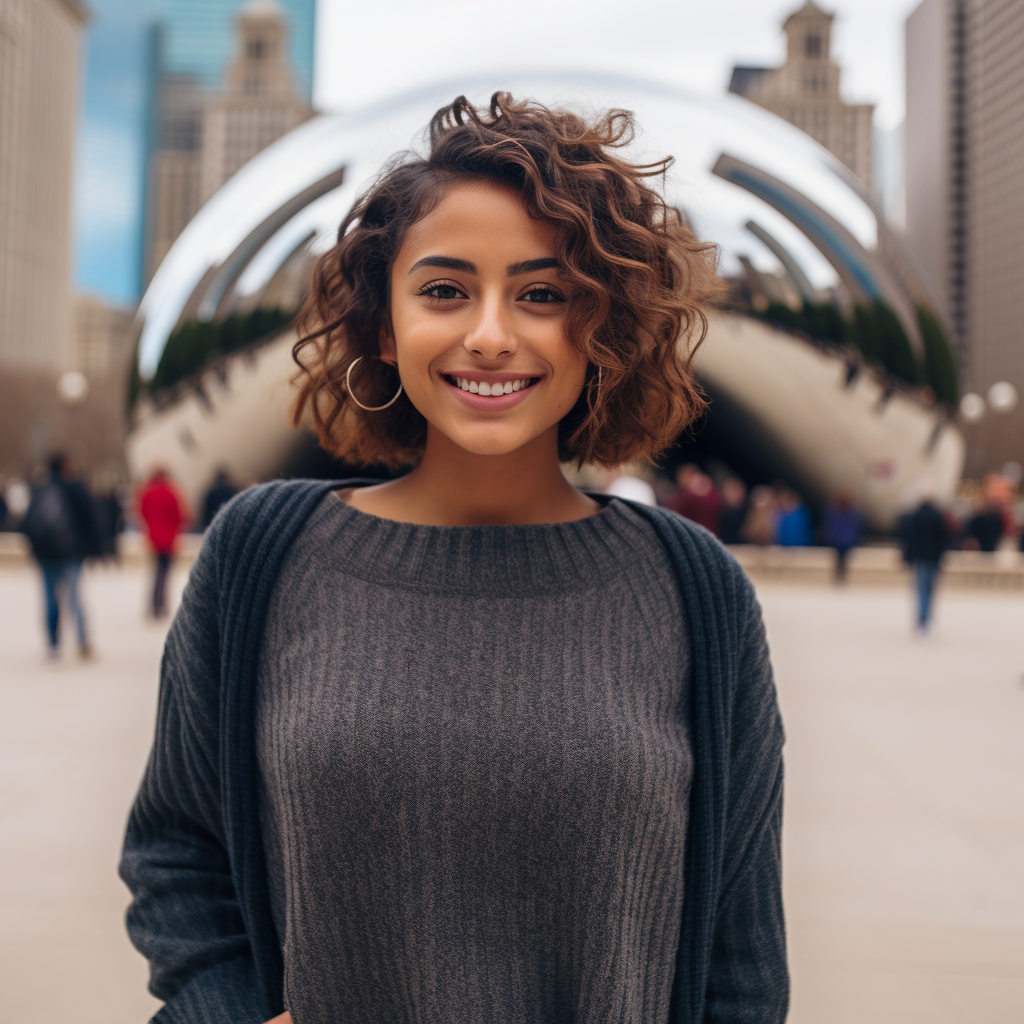 Latina girl with wavy short hair and blue jumper at Cloud Gate