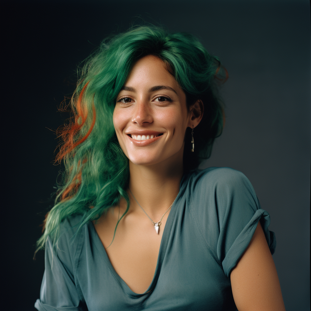 Portrait of Latina Julia Roberts with green hair and dimples