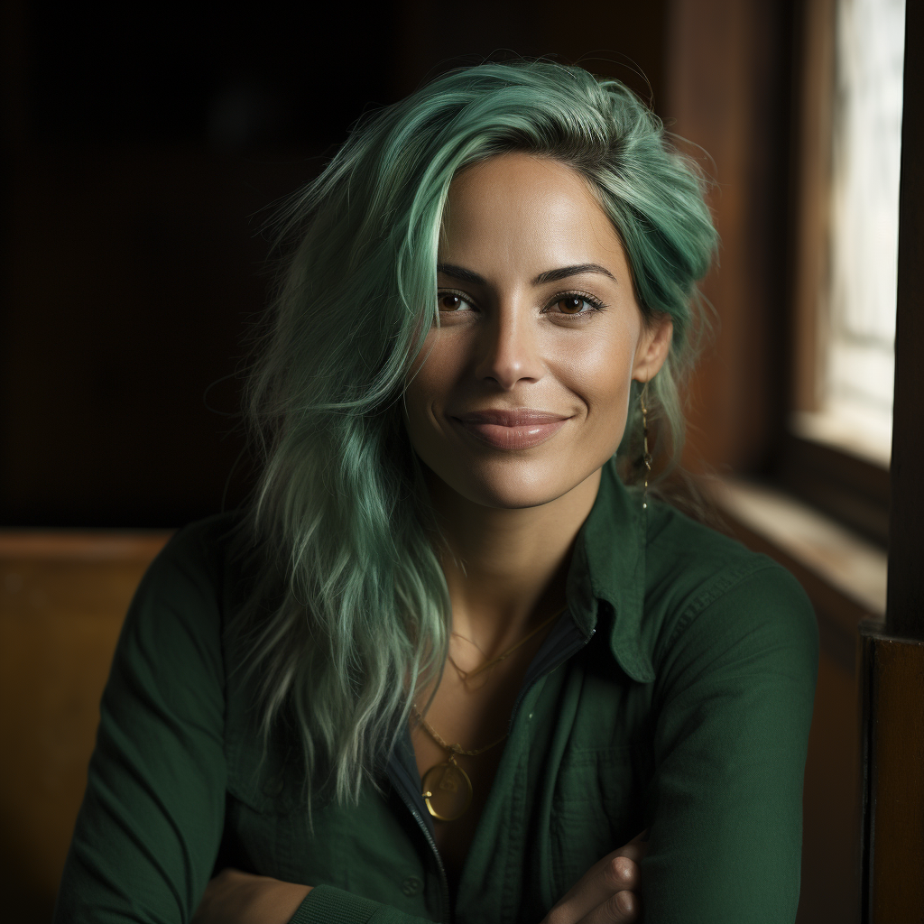 Vibrant portrait of Latina Julia Roberts with green hair