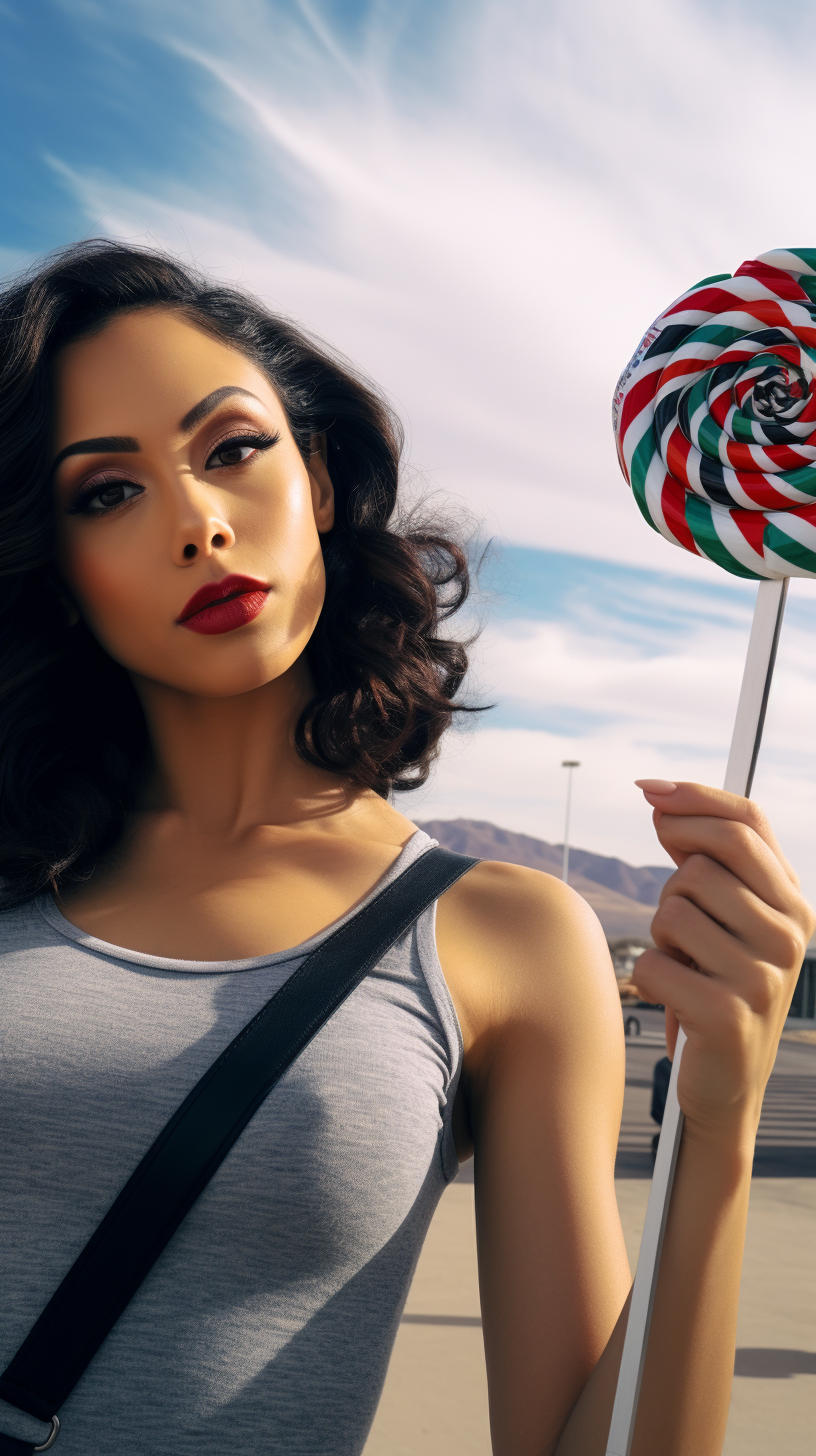 Latina model taking a selfie at the airport with a lollipop