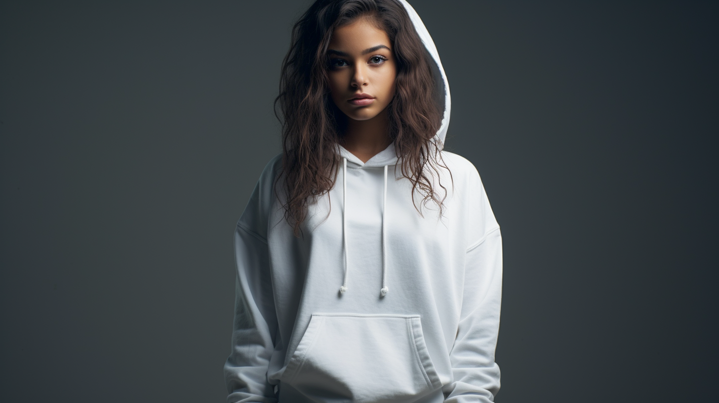 Latina model wearing white hoodie