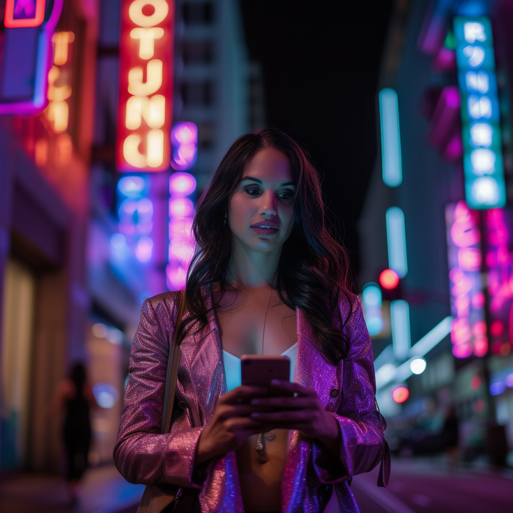 Latina woman searching phone in city