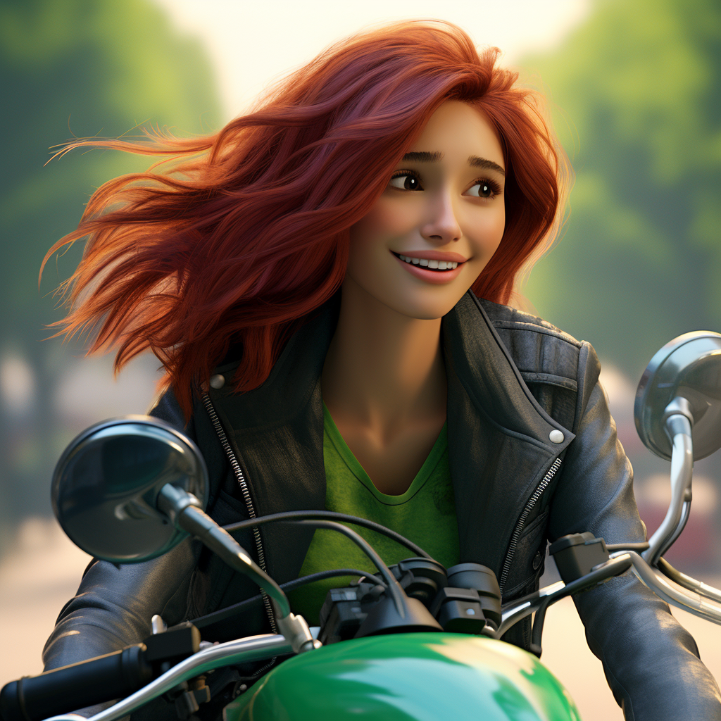 Latina Julia Roberts riding a motorcycle with green hair