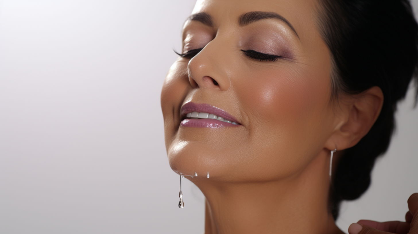 Latina woman applying water drops to face