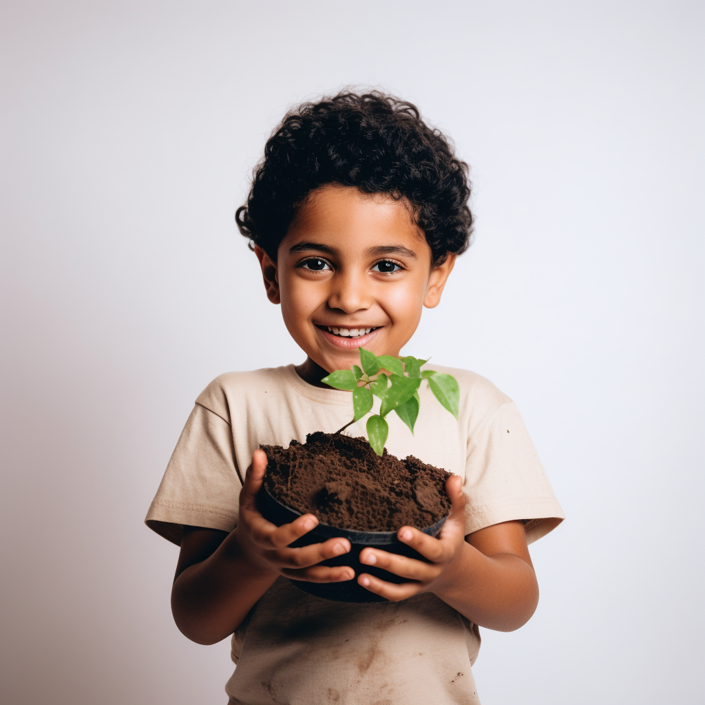 Latino child holding young plant with earth