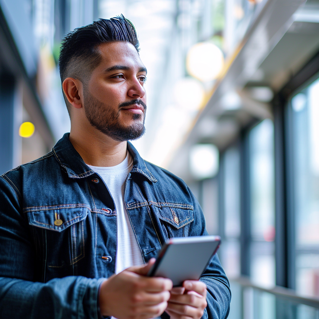 Latino man with tablet in tech space