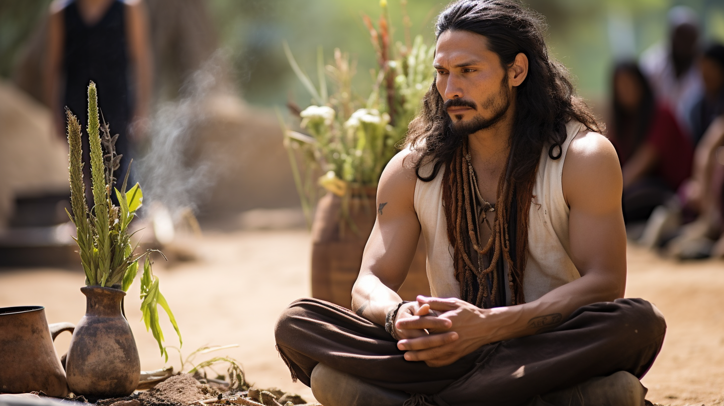 Latino man in contemplative plant medicine ceremony