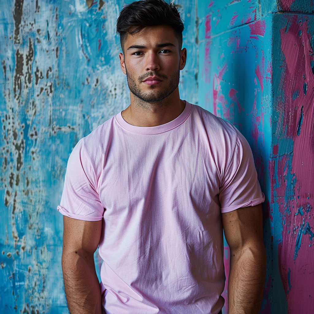 Latino man in pink shirt and jeans