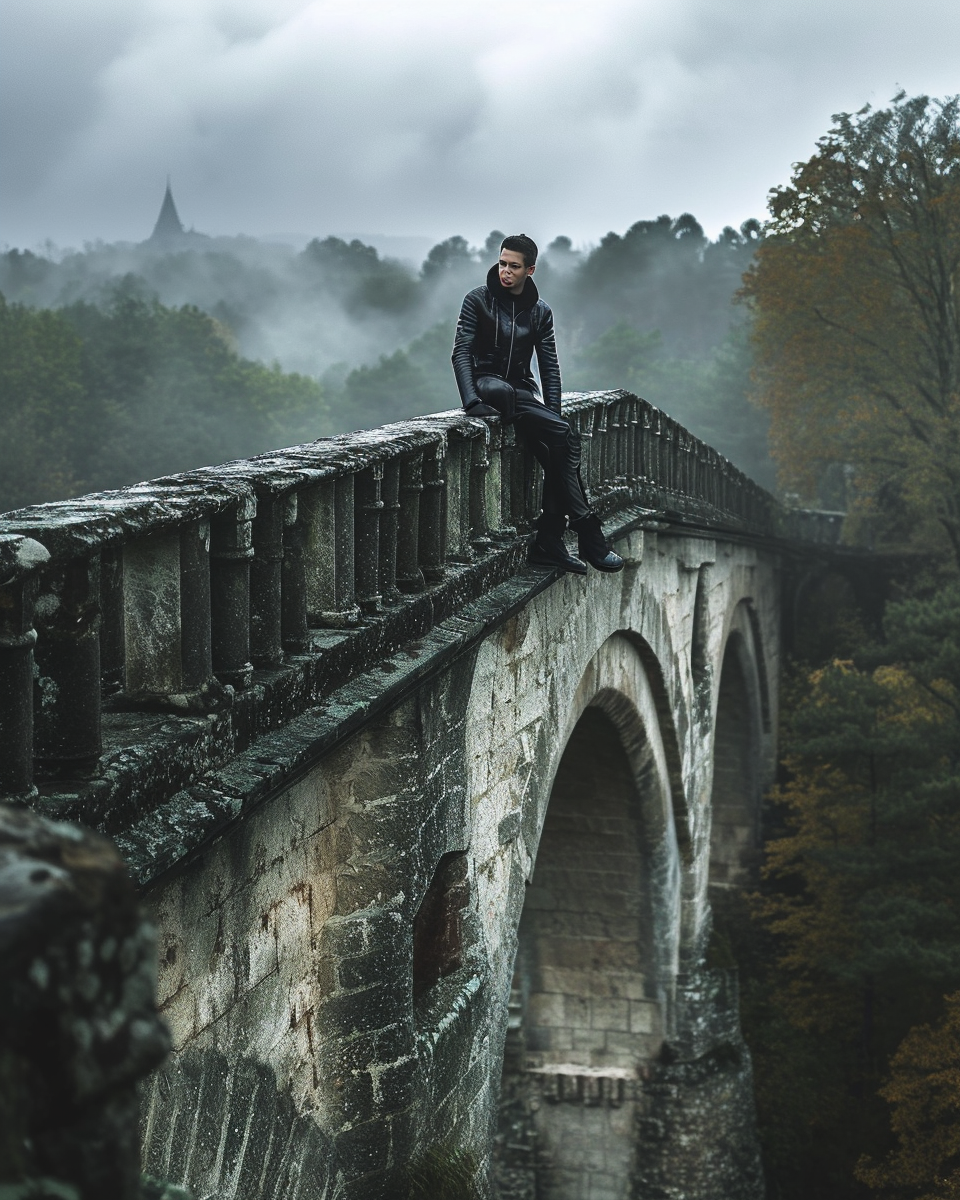 Latino man sitting on stone bridge