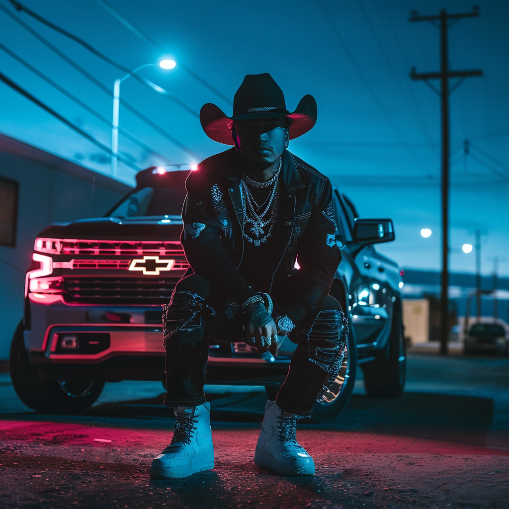 Latino rapper black hat silverado car