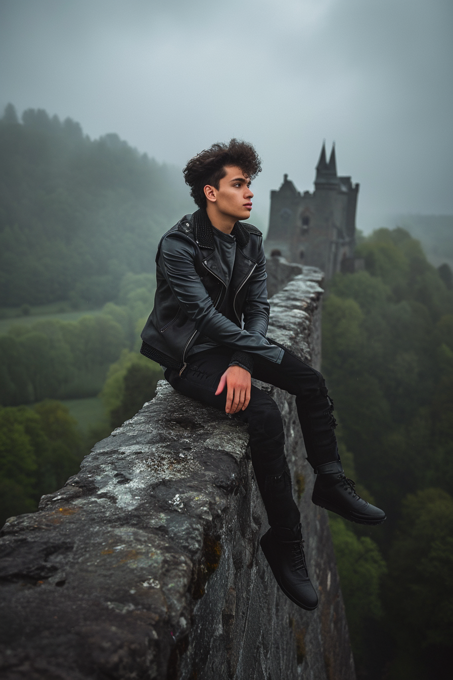 Latino man on narrow stone bridge