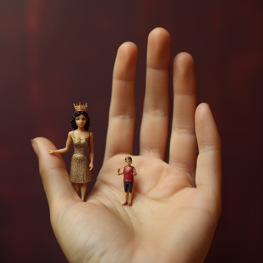 Latino queen with tiny man in hand