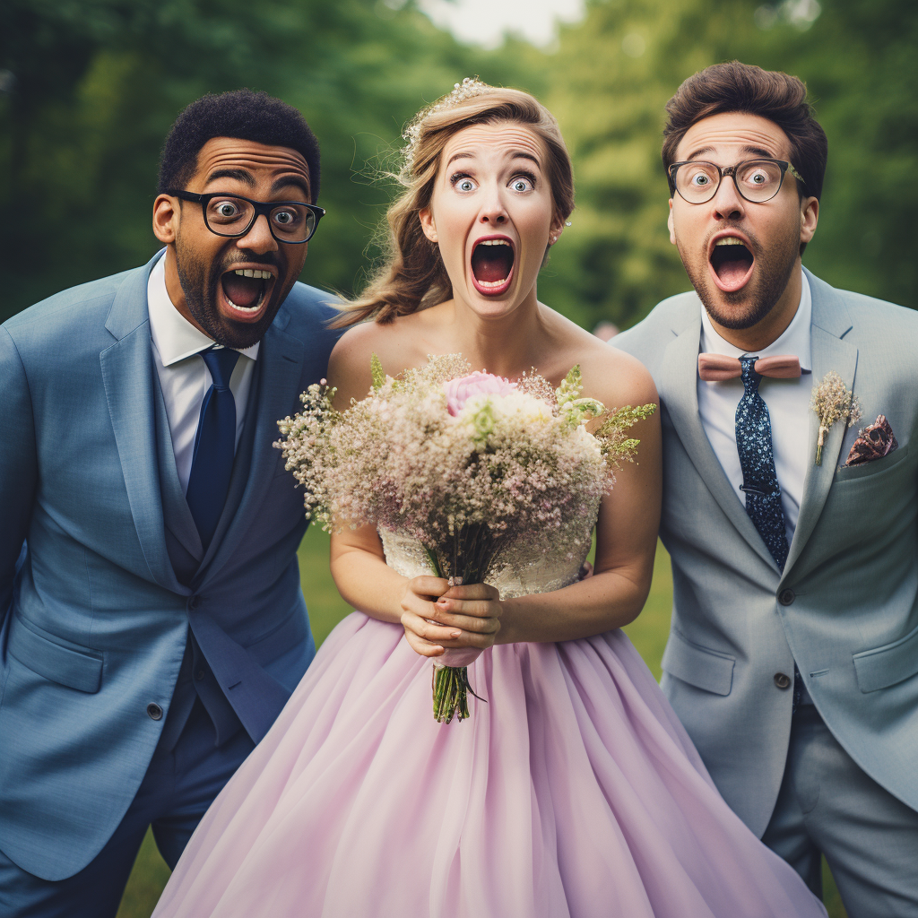 Surprised laughing bridesmaid and groomsman