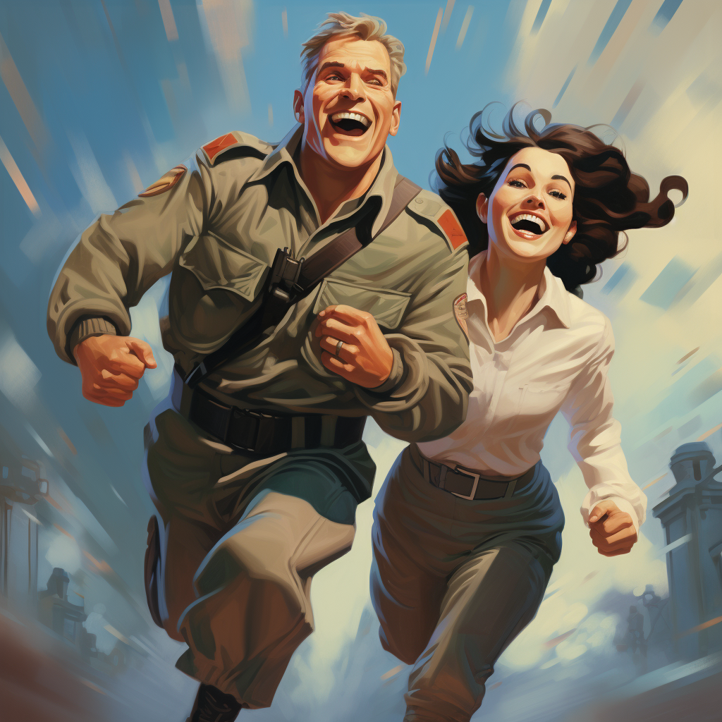 Laughing couple escaping military-dressed villain