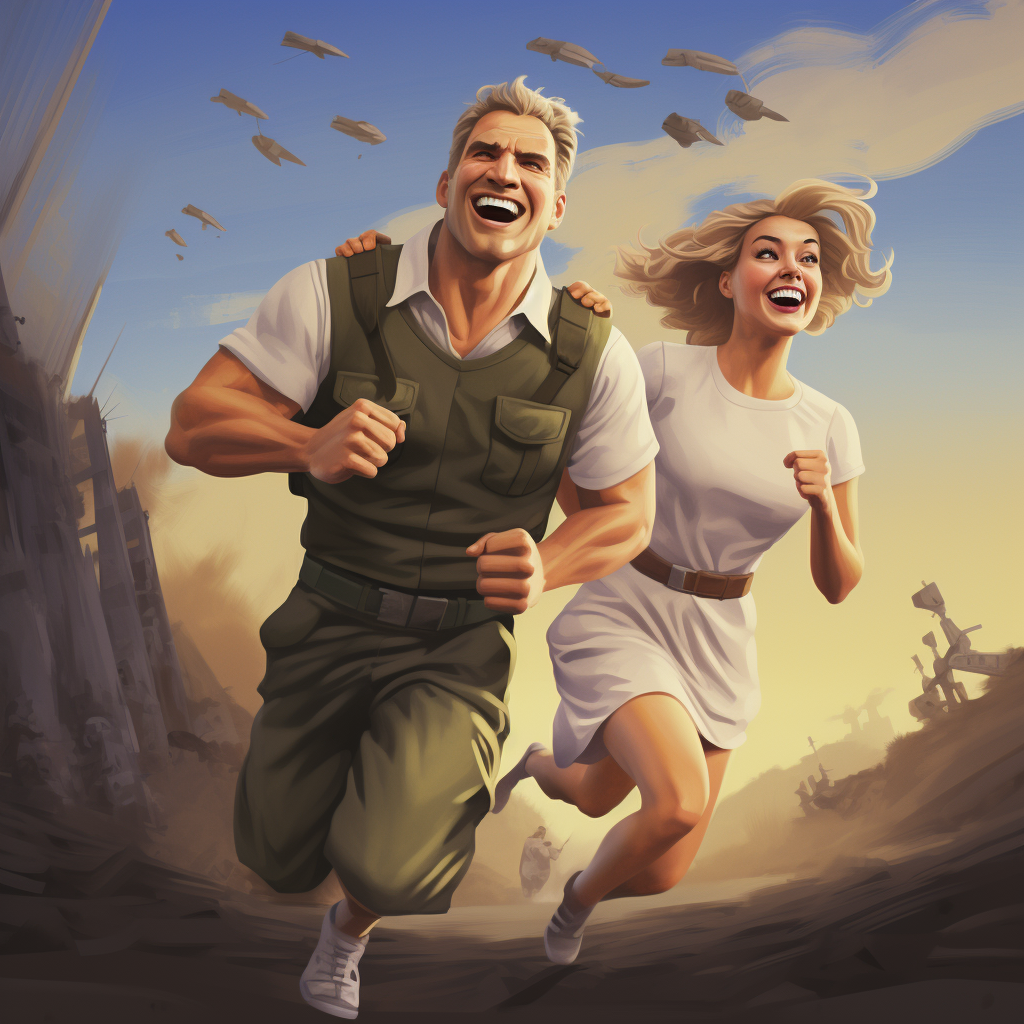 Image of laughing couple running from villain