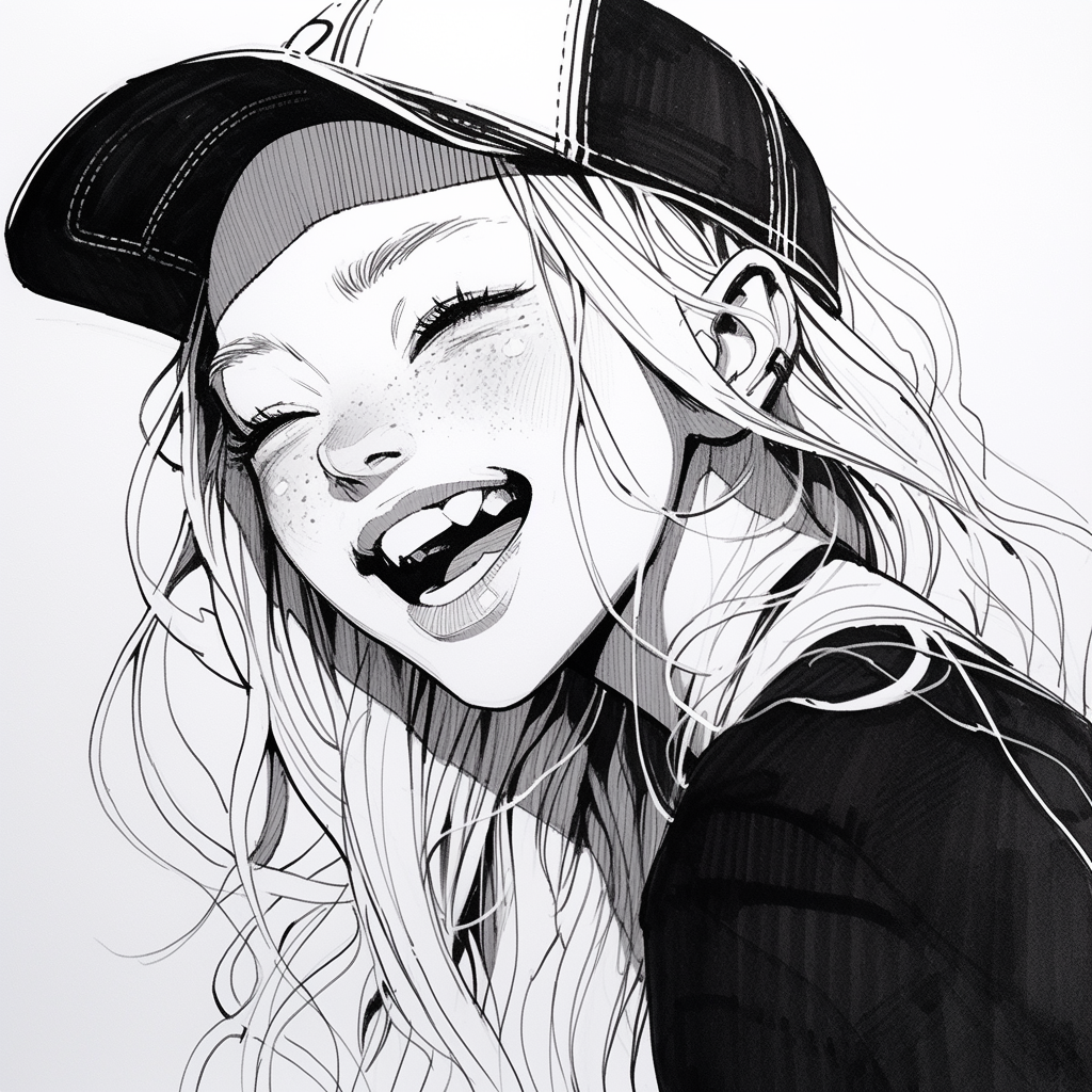 Half Body Ink Sketch of Laughing Girl