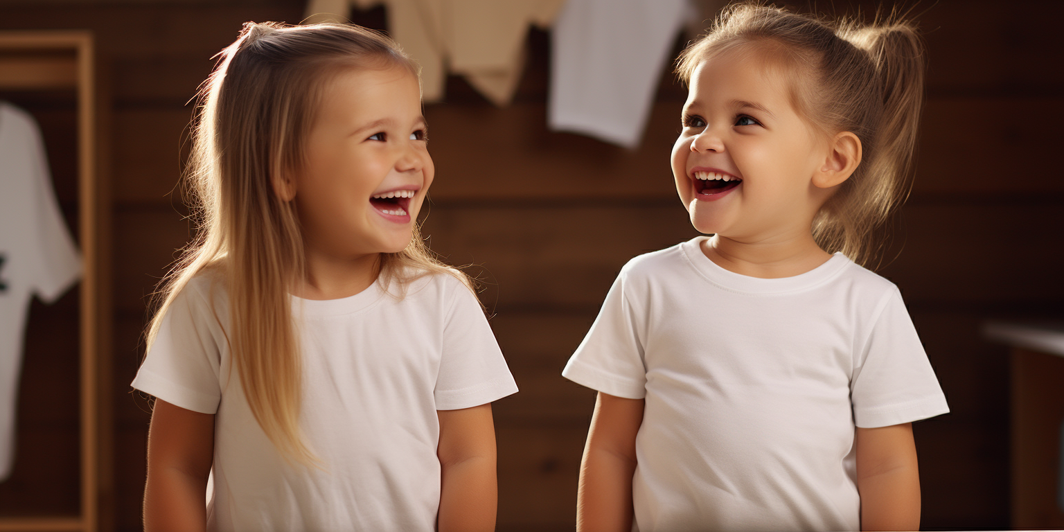 Two adorable kids in a shared T-shirt laughing