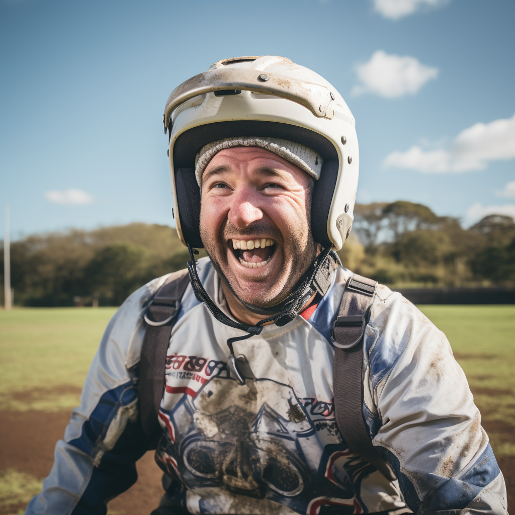 Man in motorcycle helmet laughing on rugby field