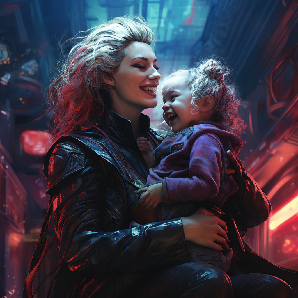 Smiling mother and daughter in cyberpunk attire