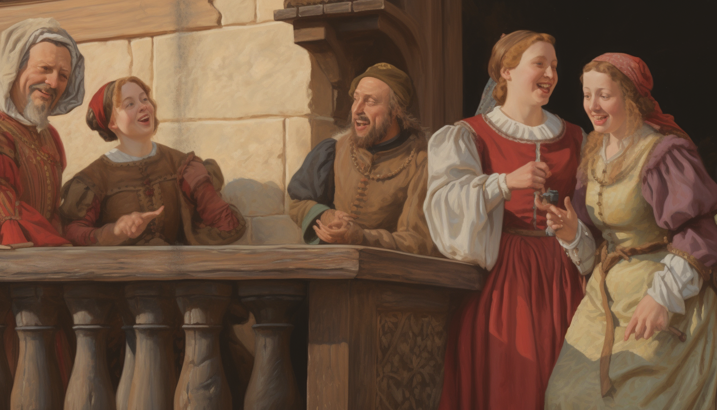 Nobles mocking on a medieval balcony