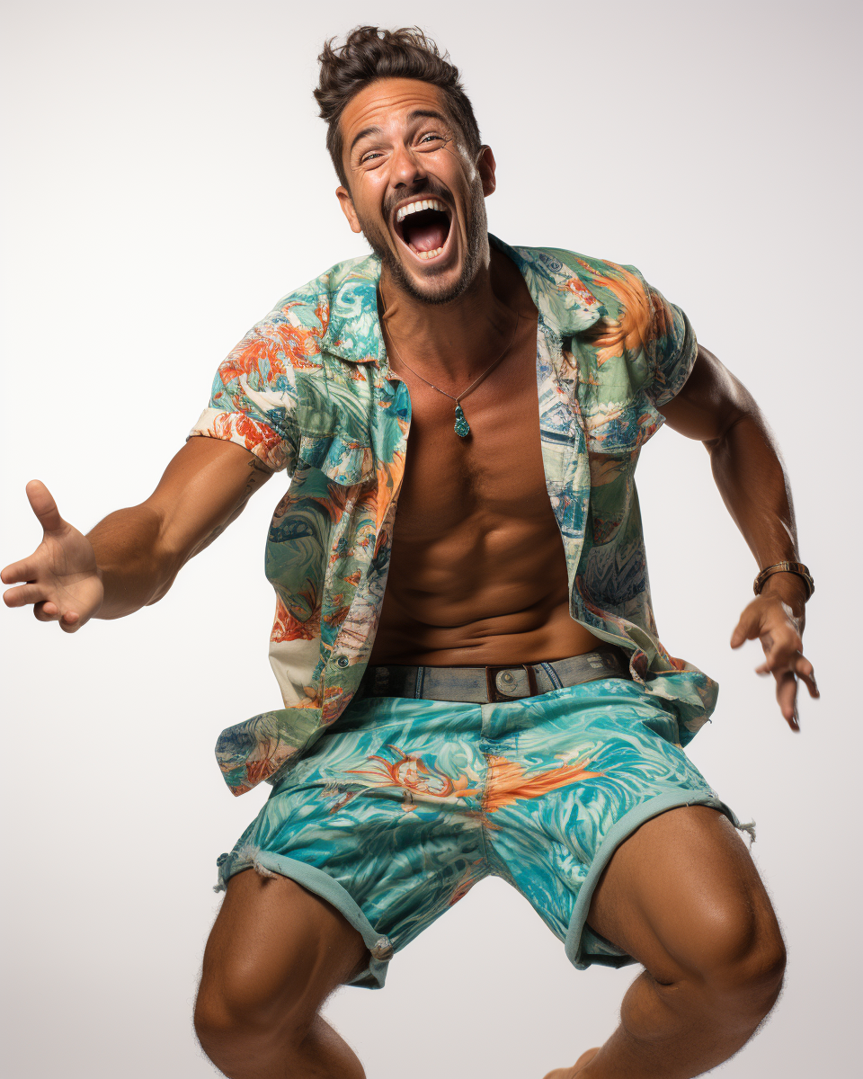 Laughing Polynesian Surfer in Boardshorts