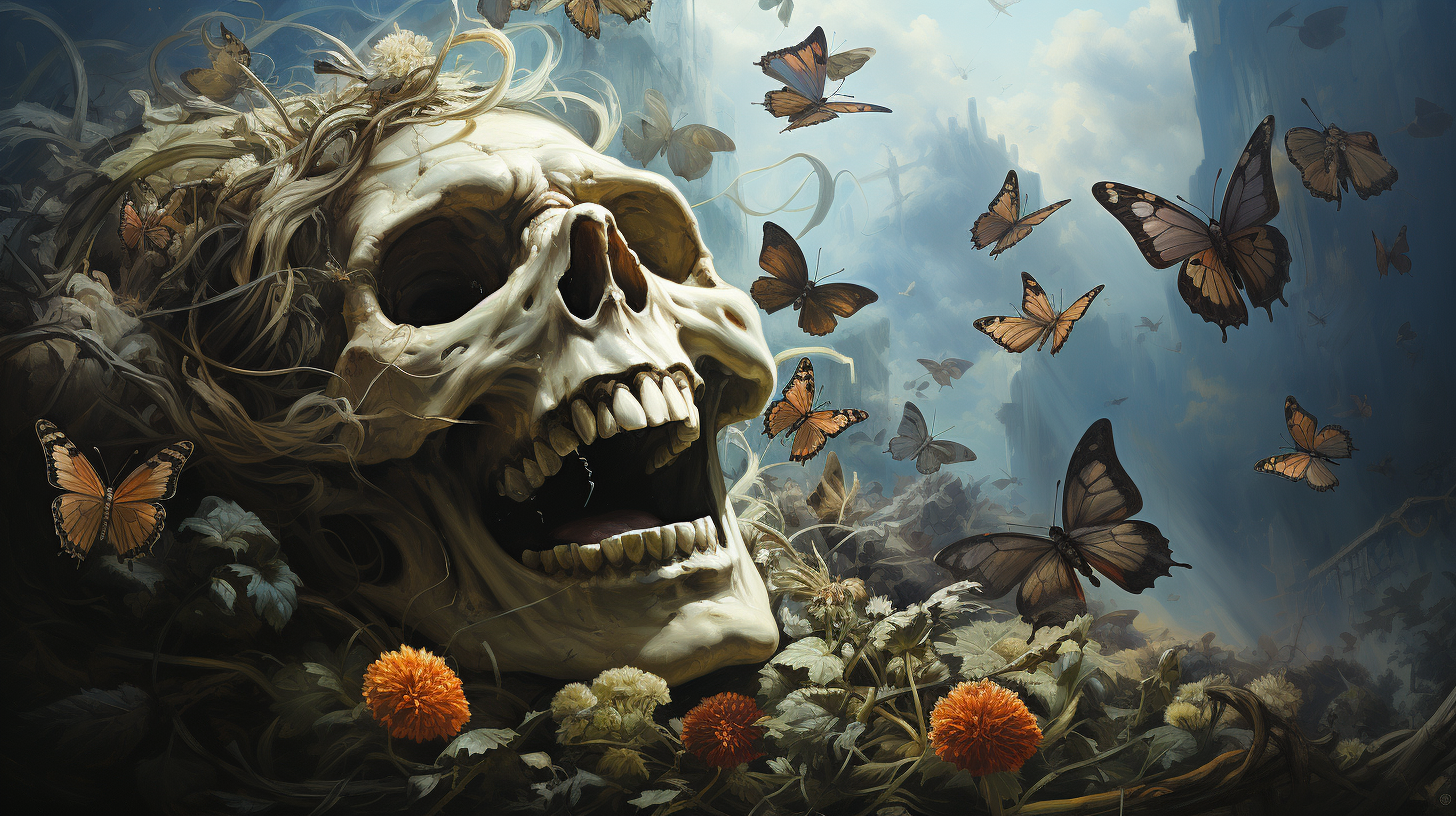 Butterflies flying out of laughing skeleton