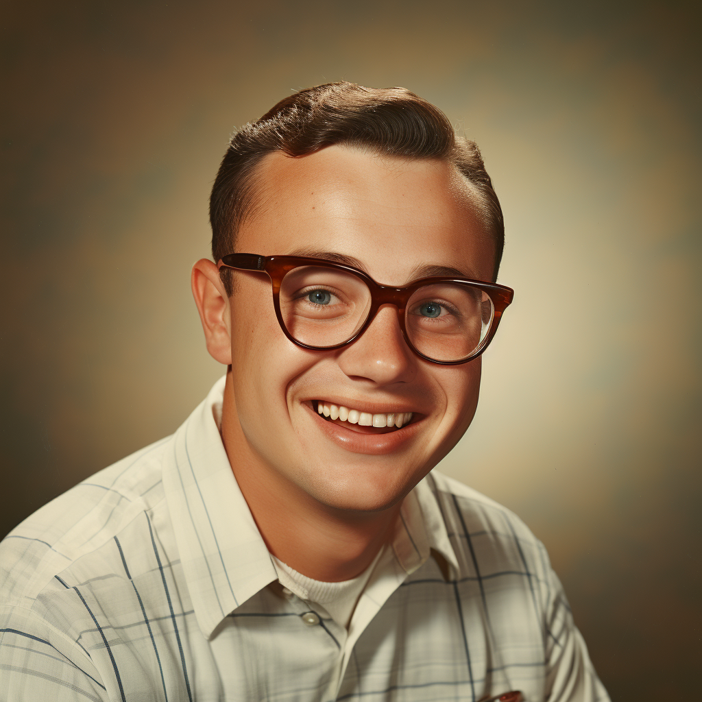 Nerdy white guy laughing in vintage yearbook photo