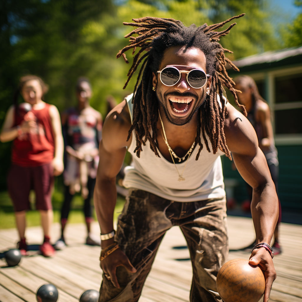 Laughing college student playing bocce ball