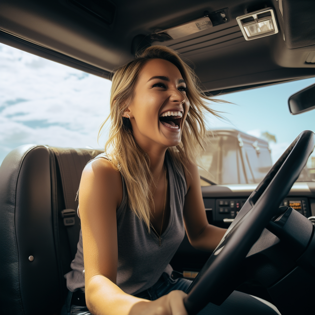 Female model driving semi truck laughing