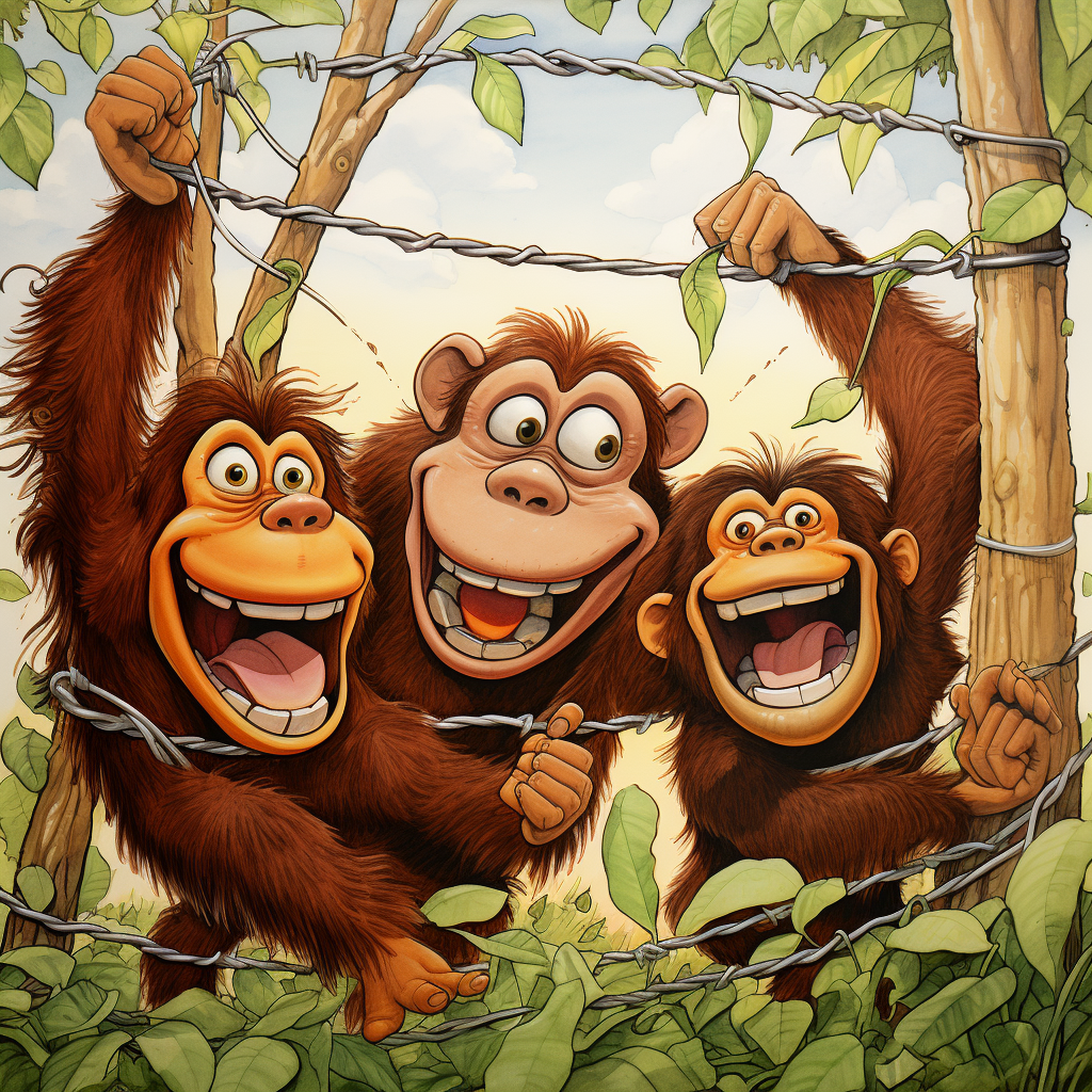 Cartoon orangutan laughing at trapped men in a net