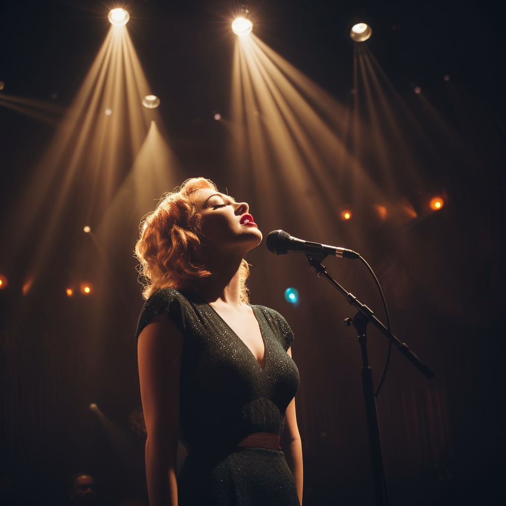 Laura performing under spotlight singing passionately